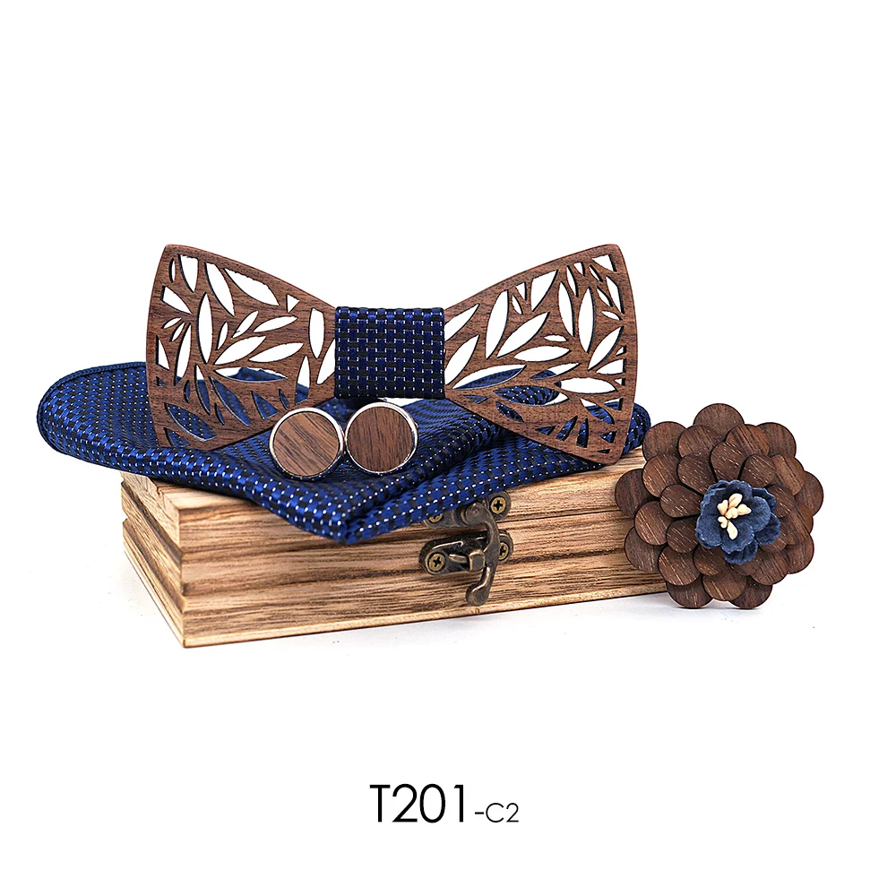 Wooden Bow Tie Handerchief Set Wood Bowtie Cufflinks Floral Ties Lapel Flower Brooch Corbata Gravata Tie for Men Noeud Papillon