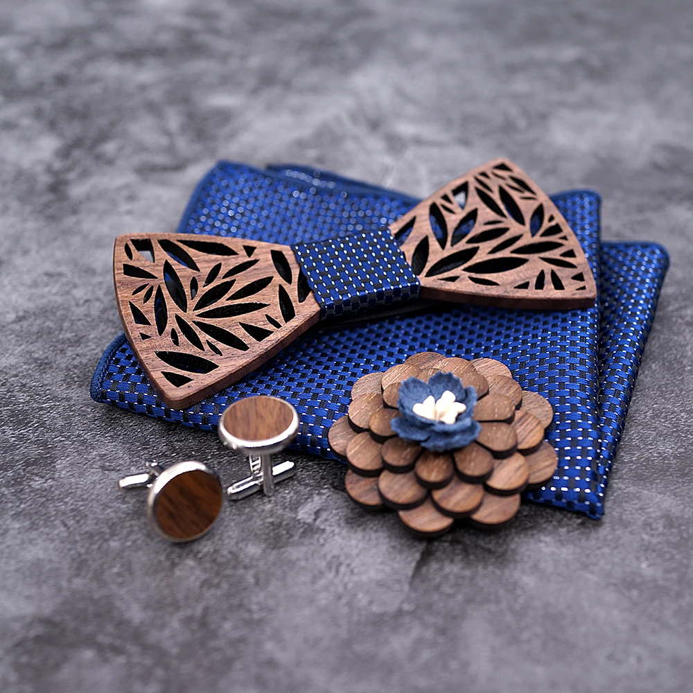 Wooden Bow Tie Handerchief Set Wood Bowtie Cufflinks Floral Ties Lapel Flower Brooch Corbata Gravata Tie for Men Noeud Papillon