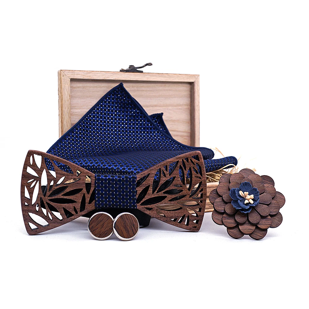 Wooden Bow Tie Handerchief Set Wood Bowtie Cufflinks Floral Ties Lapel Flower Brooch Corbata Gravata Tie for Men Noeud Papillon