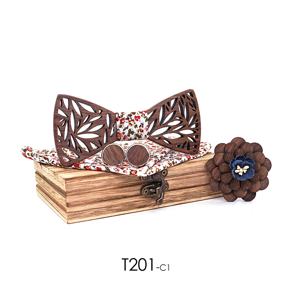 Wooden Bow Tie Handerchief Set Wood Bowtie Cufflinks Floral Ties Lapel Flower Brooch Corbata Gravata Tie for Men Noeud Papillon