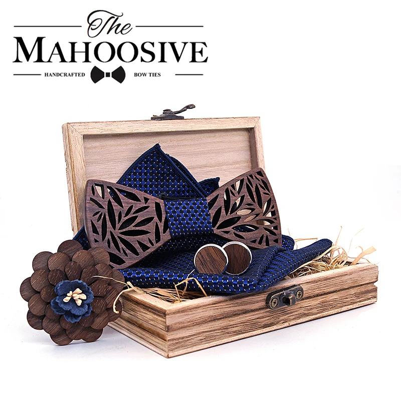 Wooden Bow Tie Handerchief Set Wood Bowtie Cufflinks Floral Ties Lapel Flower Brooch Corbata Gravata Tie for Men Noeud Papillon