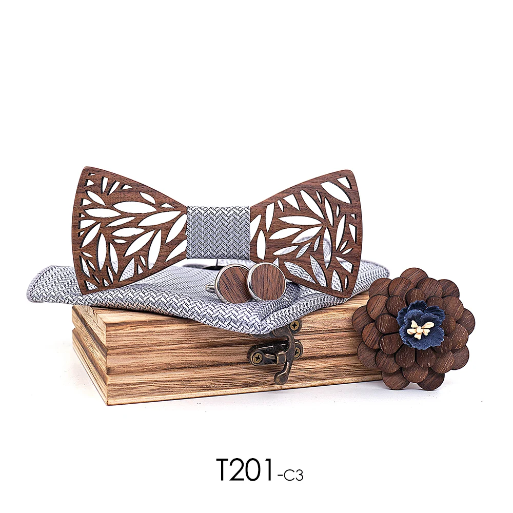 Wooden Bow Tie Handerchief Set Wood Bowtie Cufflinks Floral Ties Lapel Flower Brooch Corbata Gravata Tie for Men Noeud Papillon
