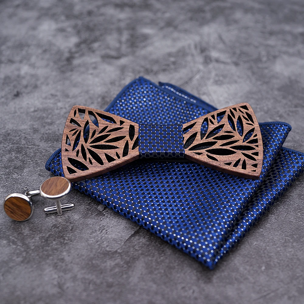 Wooden Bow Tie Handerchief Set Wood Bowtie Cufflinks Floral Ties Lapel Flower Brooch Corbata Gravata Tie for Men Noeud Papillon