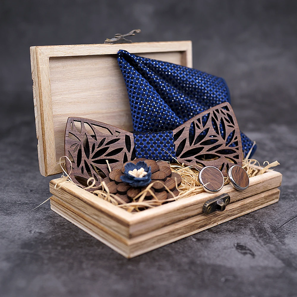 Wooden Bow Tie Handerchief Set Wood Bowtie Cufflinks Floral Ties Lapel Flower Brooch Corbata Gravata Tie for Men Noeud Papillon