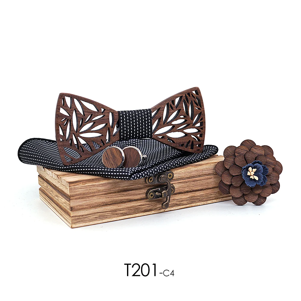Wooden Bow Tie Handerchief Set Wood Bowtie Cufflinks Floral Ties Lapel Flower Brooch Corbata Gravata Tie for Men Noeud Papillon