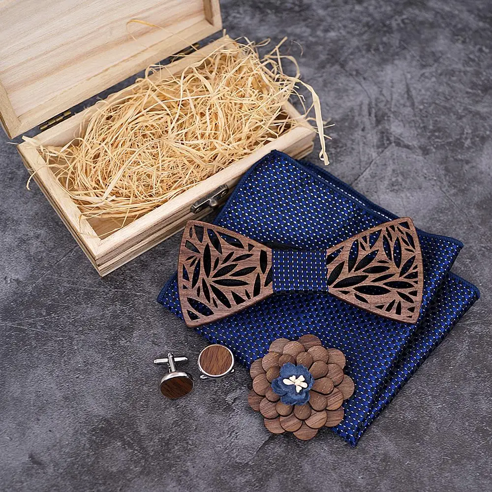 Wooden Bow Tie Handerchief Set Wood Bowtie Cufflinks Floral Ties Lapel Flower Brooch Corbata Gravata Tie for Men Noeud Papillon
