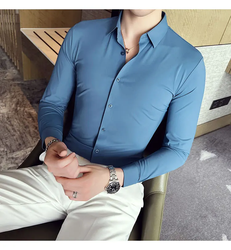 Men's Ultra Stretch Seamless Long Sleeve Shirt Top Quality Business Casual Breathable Stretchable Solid Color Formal Dress Shirt