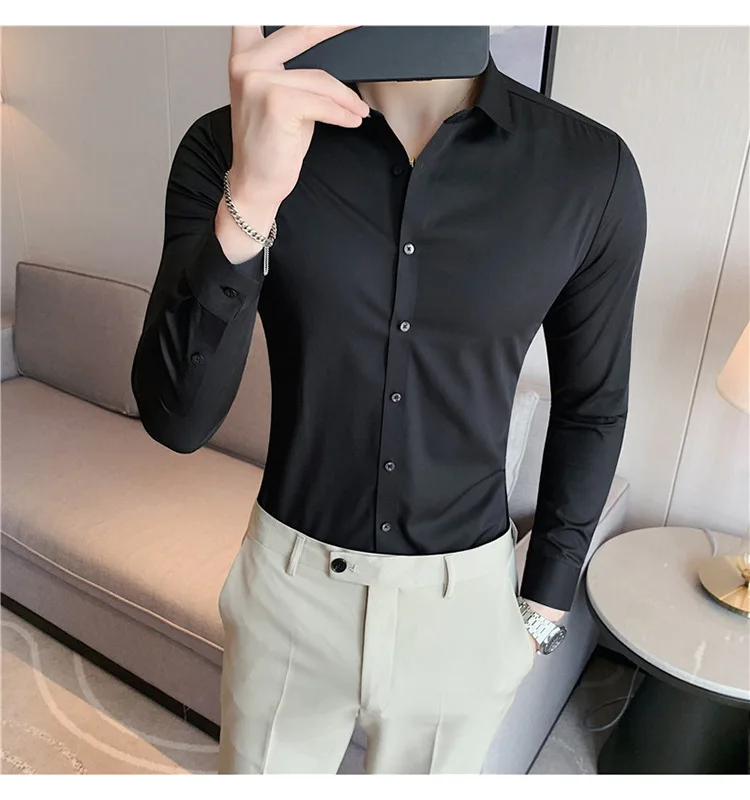 Men's Ultra Stretch Seamless Long Sleeve Shirt Top Quality Business Casual Breathable Stretchable Solid Color Formal Dress Shirt
