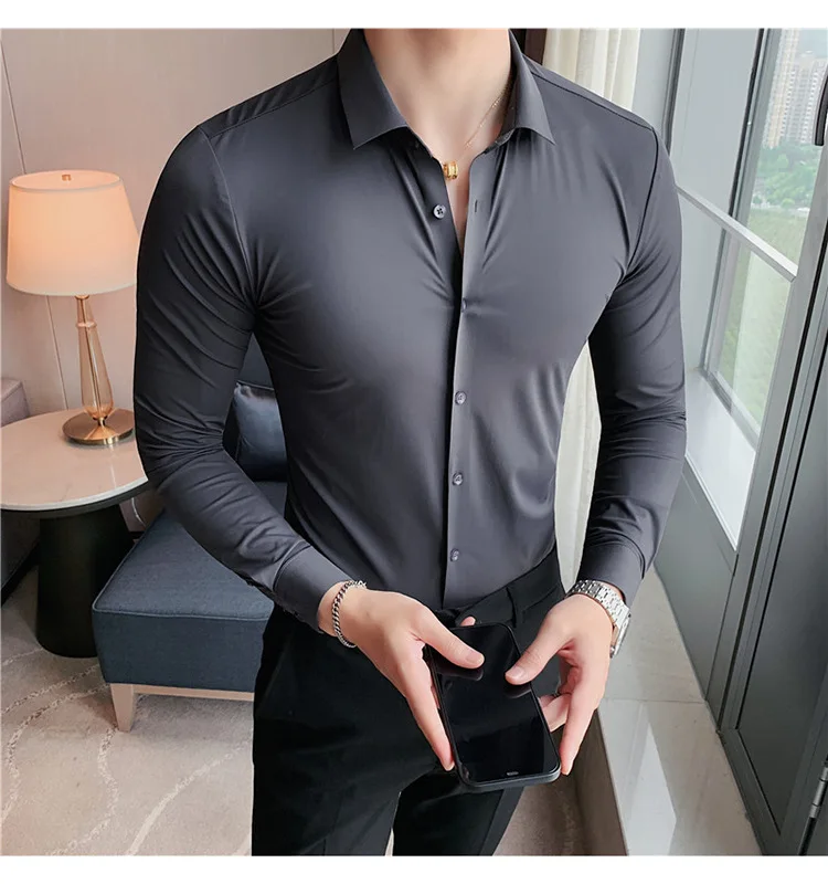 Men's Ultra Stretch Seamless Long Sleeve Shirt Top Quality Business Casual Breathable Stretchable Solid Color Formal Dress Shirt