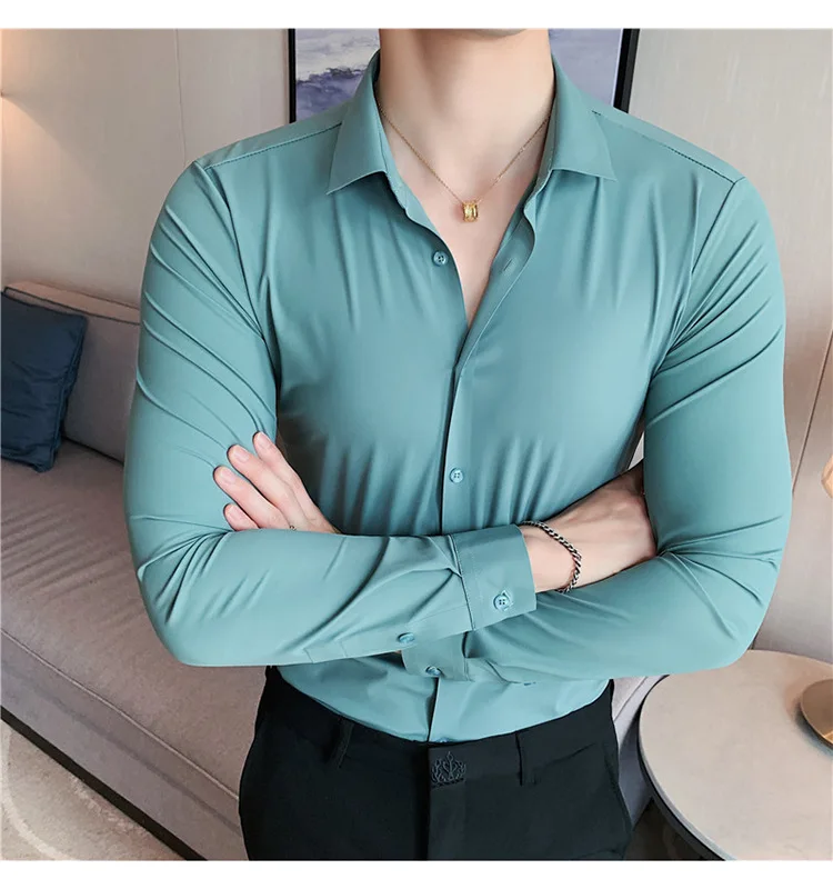 Men's Ultra Stretch Seamless Long Sleeve Shirt Top Quality Business Casual Breathable Stretchable Solid Color Formal Dress Shirt