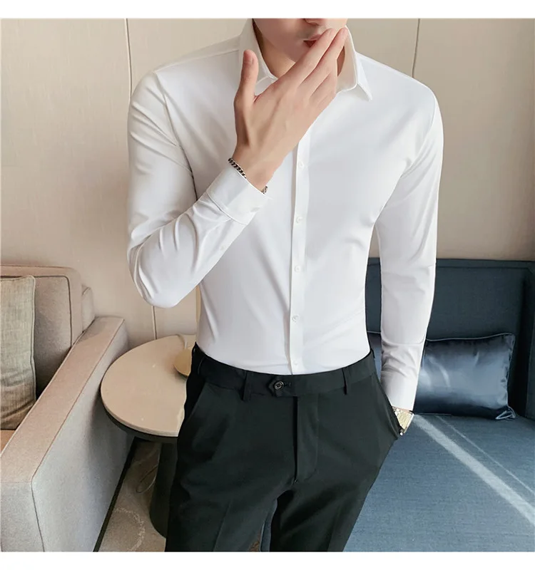 Men's Ultra Stretch Seamless Long Sleeve Shirt Top Quality Business Casual Breathable Stretchable Solid Color Formal Dress Shirt
