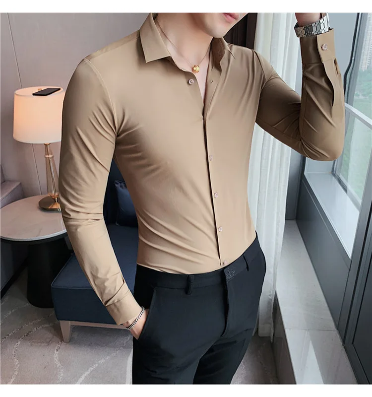 Men's Ultra Stretch Seamless Long Sleeve Shirt Top Quality Business Casual Breathable Stretchable Solid Color Formal Dress Shirt