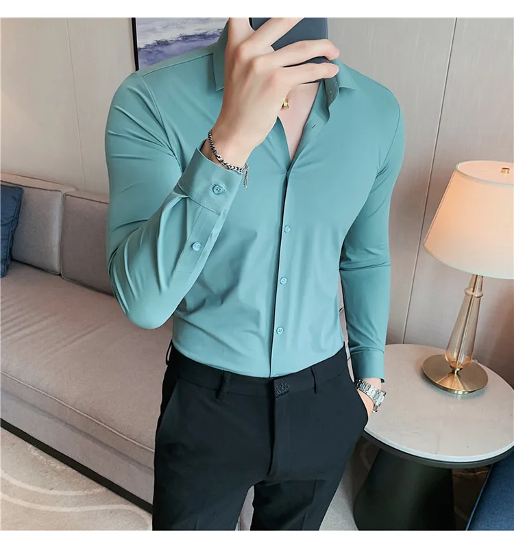 Men's Ultra Stretch Seamless Long Sleeve Shirt Top Quality Business Casual Breathable Stretchable Solid Color Formal Dress Shirt