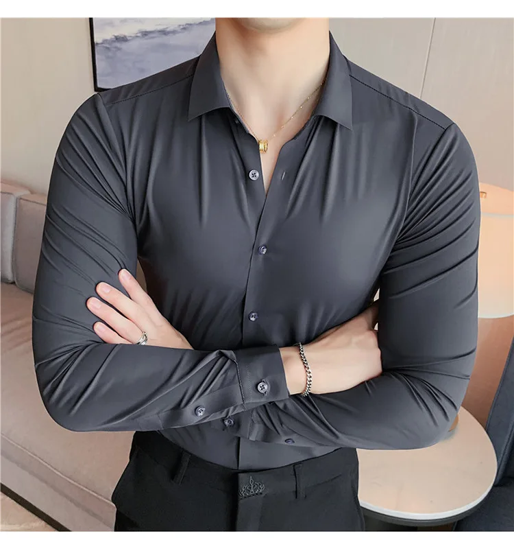 Men's Ultra Stretch Seamless Long Sleeve Shirt Top Quality Business Casual Breathable Stretchable Solid Color Formal Dress Shirt