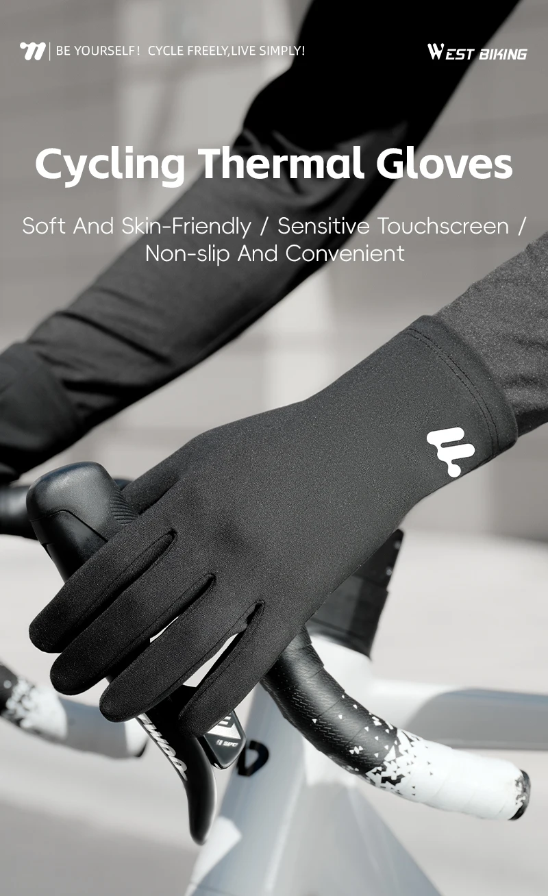 WEST BIKING Thermal Cycling Gloves Winter Fleece Windproof Bike Gloves Touch Screen Full Finger Gloves Outdoor Cycling Equipment