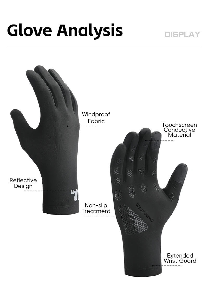 WEST BIKING Thermal Cycling Gloves Winter Fleece Windproof Bike Gloves Touch Screen Full Finger Gloves Outdoor Cycling Equipment