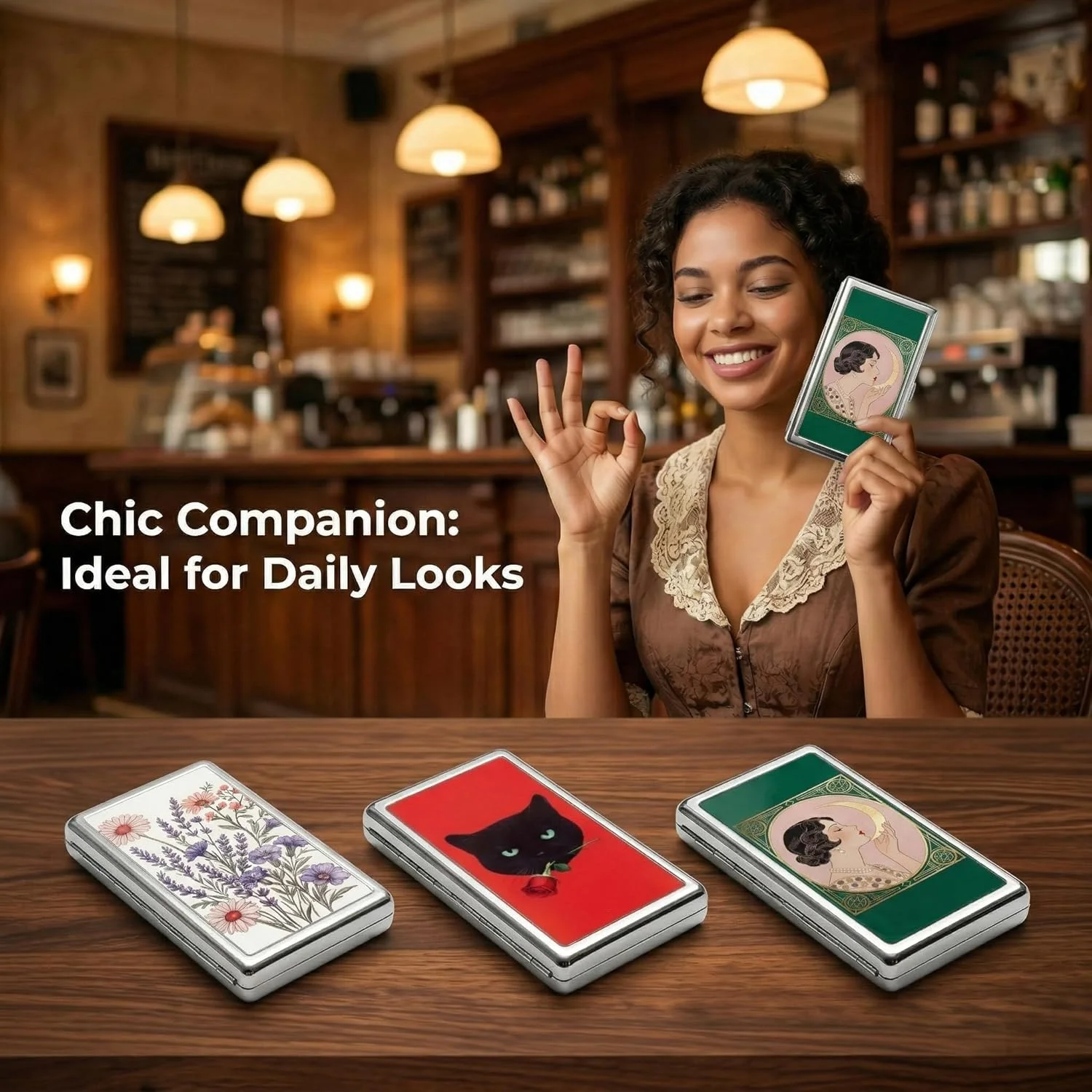 Vintage Style Metal Cigarette Carrying Case Art Deco Design Versatile Card & Cash Case Easy Snap Gift Idea for for Women and Men