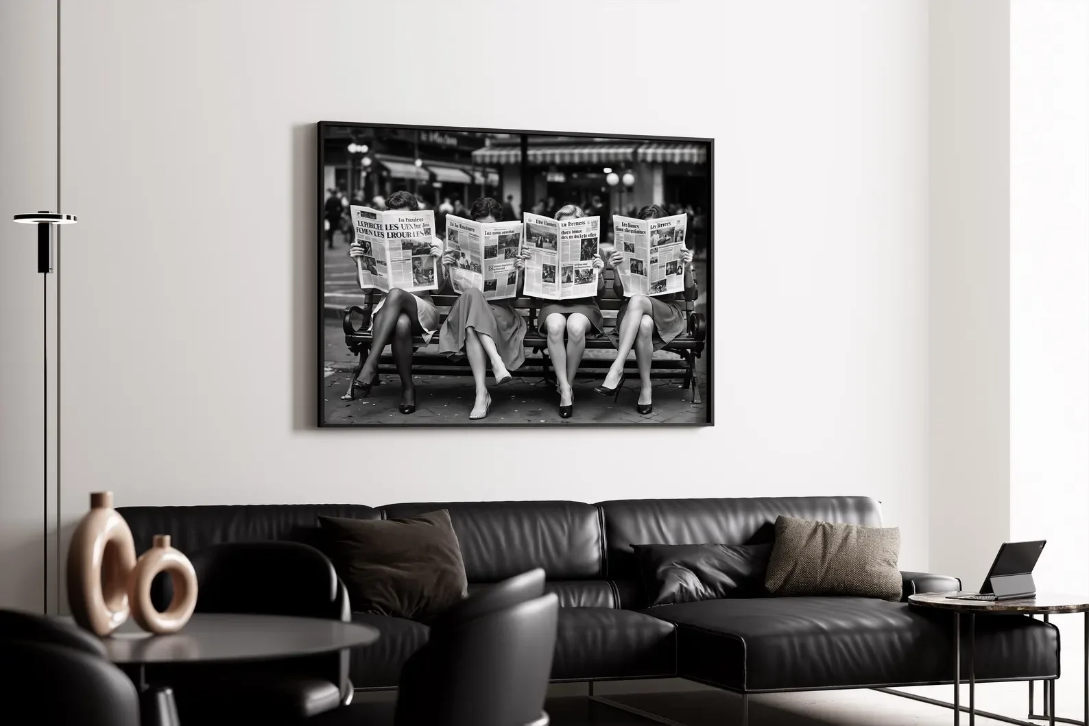Women Reading Newspaper Print: Retro Chic Fashion Wall Art - Trendy Black & White Photography Wall Decor