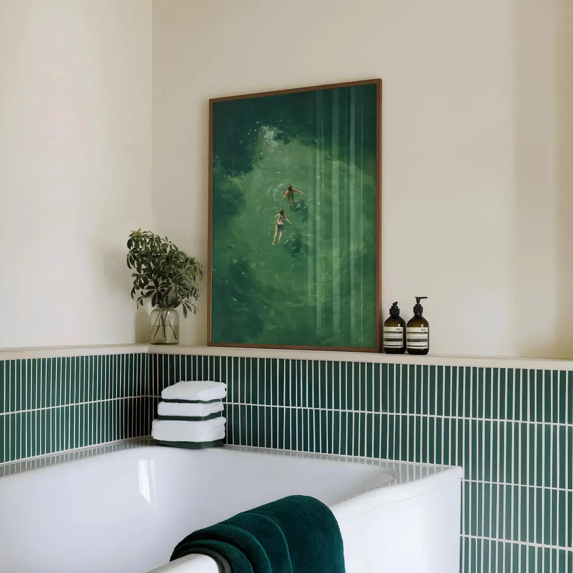 Swimming in Green Abstract Print | Vintage Retro Wall Art | Minimalist Green Holiday Decor | Digital Art Gift | Instant Download