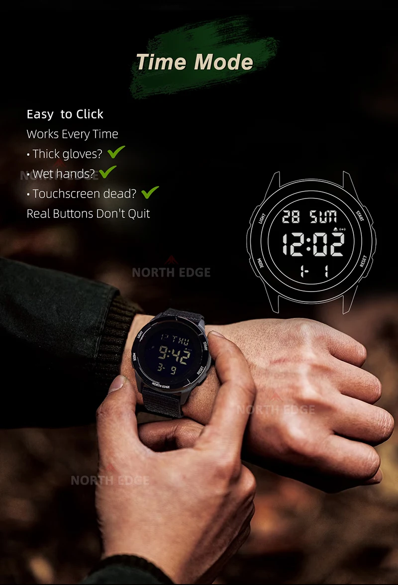 NORTH EDGE NEW TERRAX Men's Digital Military Watches Outdoor Sports Swimming Waterproof 50M Stopwatch Countdown Watch For Men