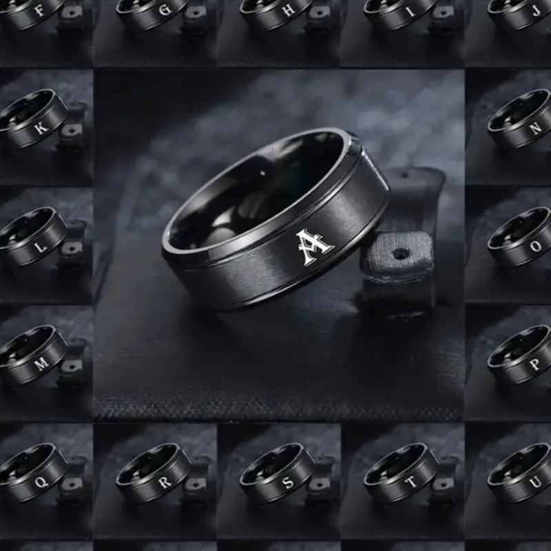 1pc Fashion 26 English Letters Ring With Double Beveled Edges, Men's Stainless Steel Ring