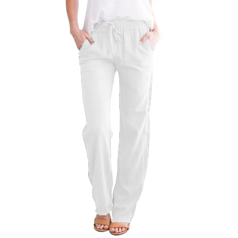 Women Cotton Linen Drawstring Pants Elastic Waist Casual Solid Color Trousers Baggy Loose Straight Leg Breathable Sweatpants