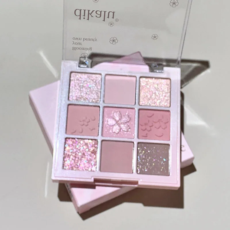 DIKALU 9-Color Sakura Eyeshadow Palette Glitter Matte Low Saturation Pink Brown Nude Makeup Shimmer Eye Pigments Long Lasting