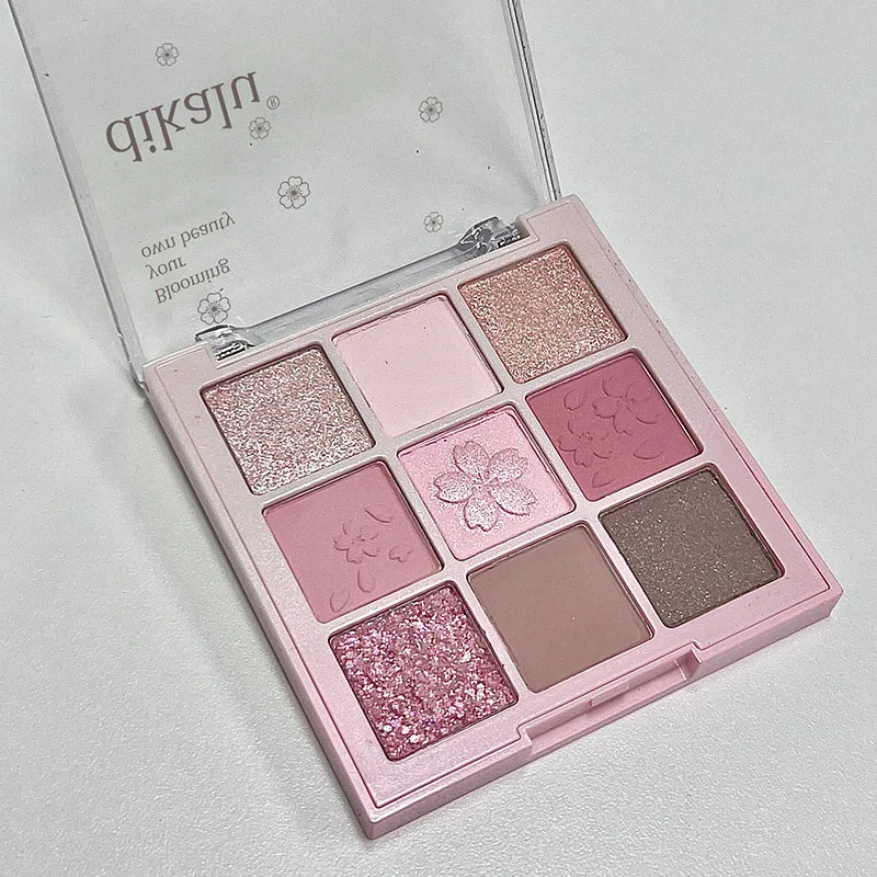 DIKALU 9-Color Sakura Eyeshadow Palette Glitter Matte Low Saturation Pink Brown Nude Makeup Shimmer Eye Pigments Long Lasting