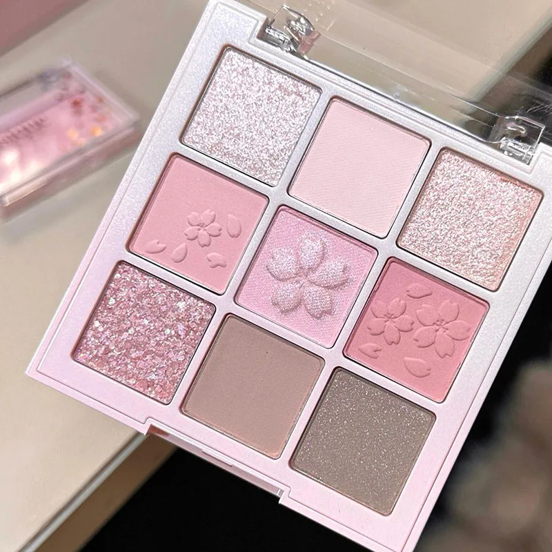 DIKALU 9-Color Sakura Eyeshadow Palette Glitter Matte Low Saturation Pink Brown Nude Makeup Shimmer Eye Pigments Long Lasting
