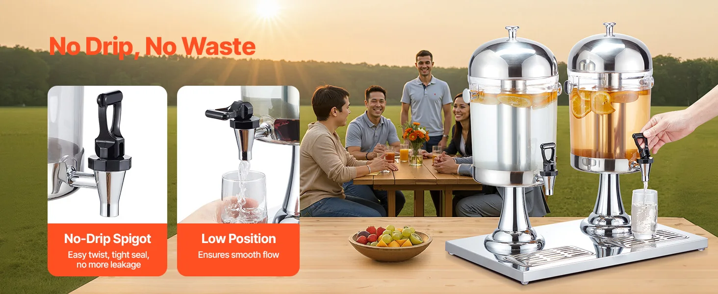 SucceBuy Beverage Dispenser 2.1 Gallon x2 Drink Dispenser, Stainless Steel + Plastic with Spigot Chamber Tray for Restaurants