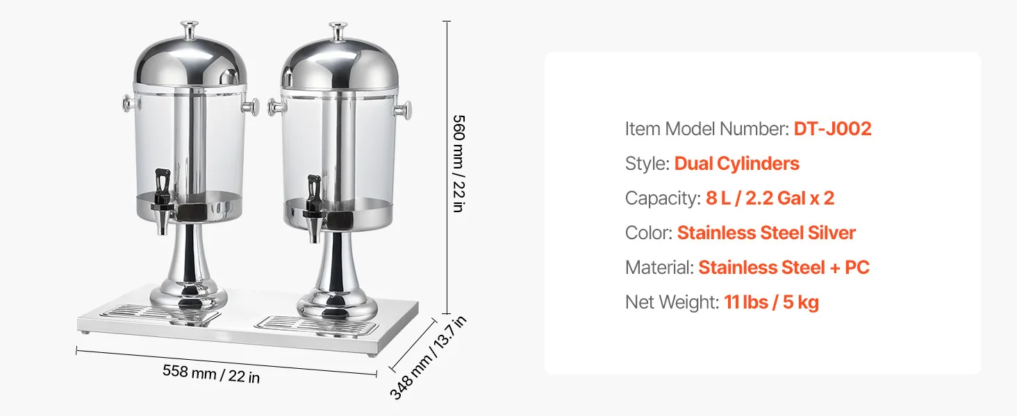 SucceBuy Beverage Dispenser 2.1 Gallon x2 Drink Dispenser, Stainless Steel + Plastic with Spigot Chamber Tray for Restaurants