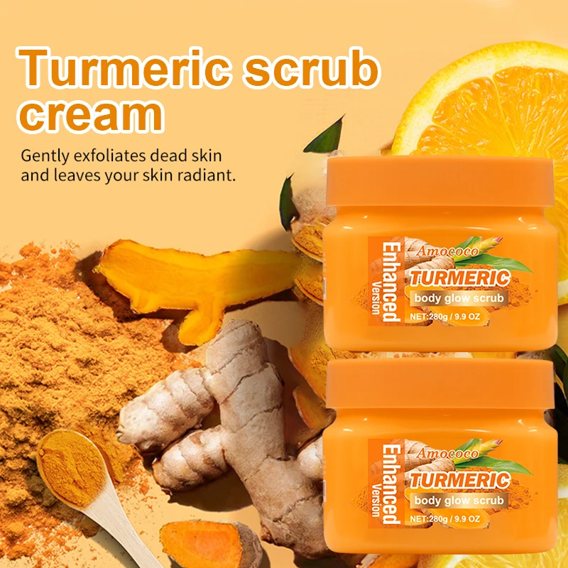Amococo 2Pcs Turmeric Body Scrub Exfoliating Dead Skin Remover 280g Deep Cleansing Nourishing Smooth Skin