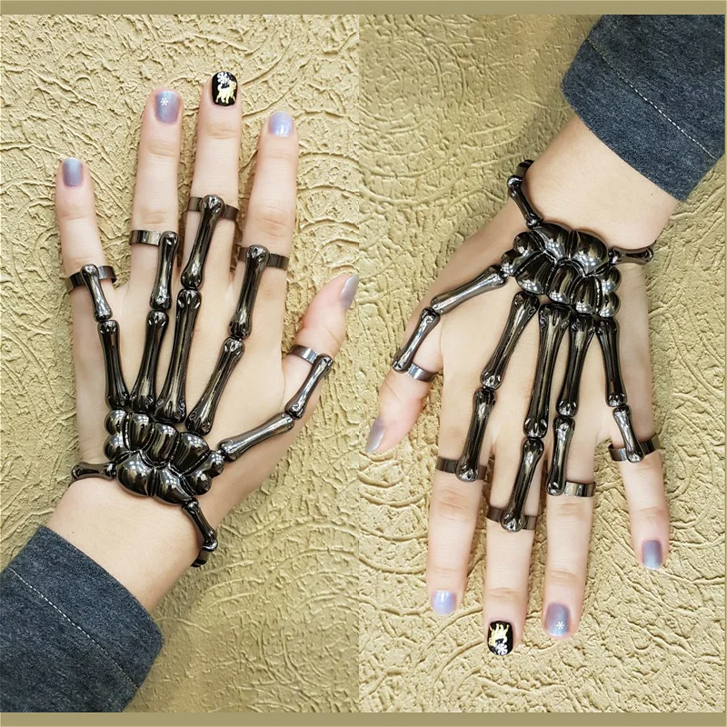 Steam Punk Metal Skull Skeleton Bracelet For Men Gothic Hand Accessories Elasticity Adjustable Couple Women Bangles Jewelry