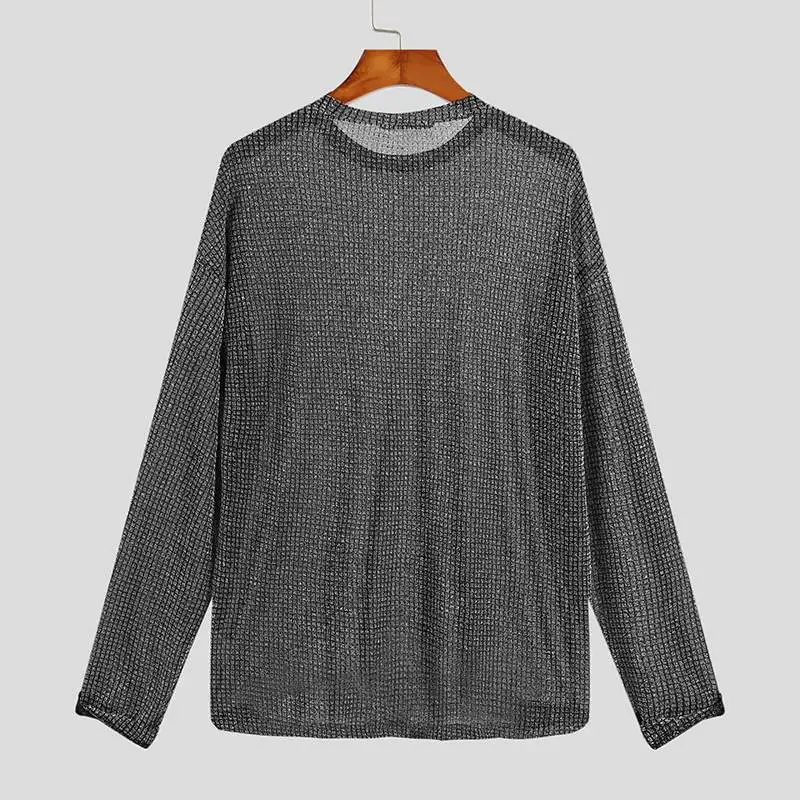 INCERUN 2024 Fashion Men T Shirt Mesh See Through O-neck Long Sleeve Camisetas Party Nightclub Streetwear Sexy Tee Tops S-5XL