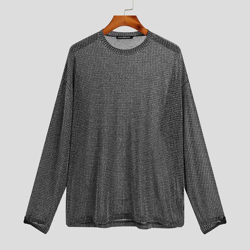 INCERUN 2024 Fashion Men T Shirt Mesh See Through O-neck Long Sleeve Camisetas Party Nightclub Streetwear Sexy Tee Tops S-5XL