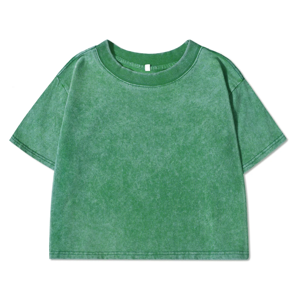 Summer Cotton Washed T-Shirts For Women Loose O-Neck Solid Crop Tops Casual Vintage Short Sleeve Tees Y2k Street Woman Clothes
