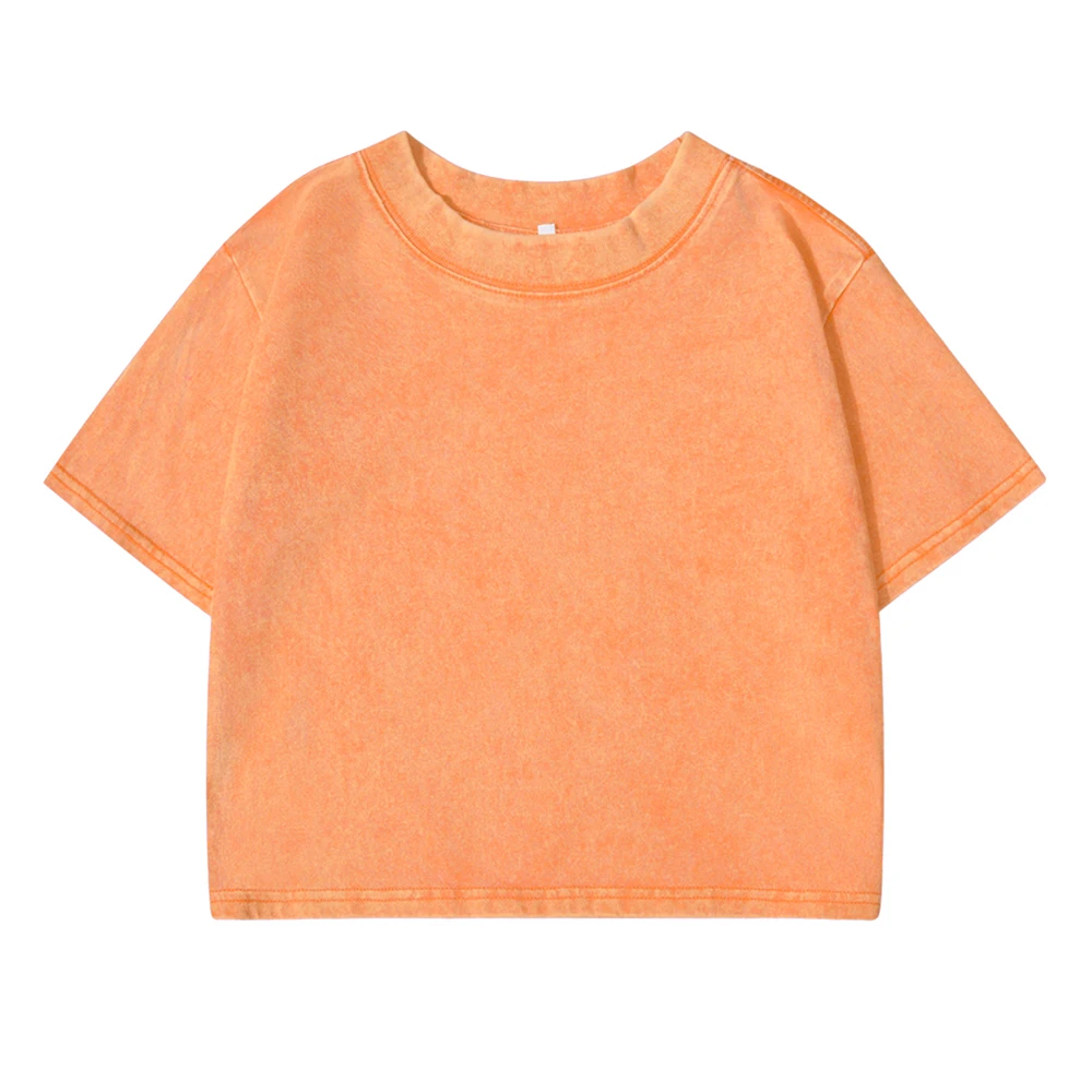 Summer Cotton Washed T-Shirts For Women Loose O-Neck Solid Crop Tops Casual Vintage Short Sleeve Tees Y2k Street Woman Clothes