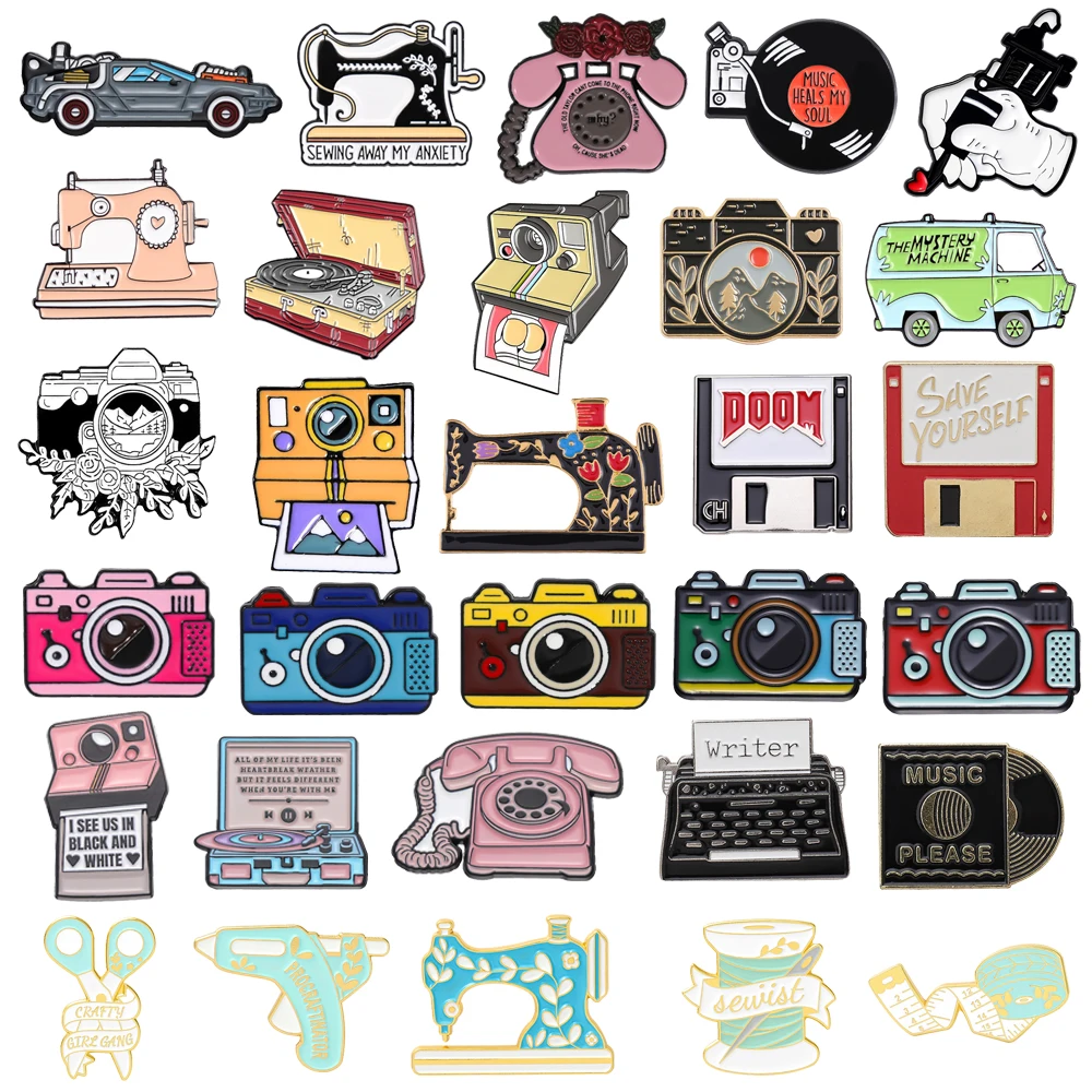 Cartoon Machine Metal Brooch Car Sewing Machine Phone Music CD Typewriter Camera Ruler Storage Card Badge Punk Pins Jewelry Gift