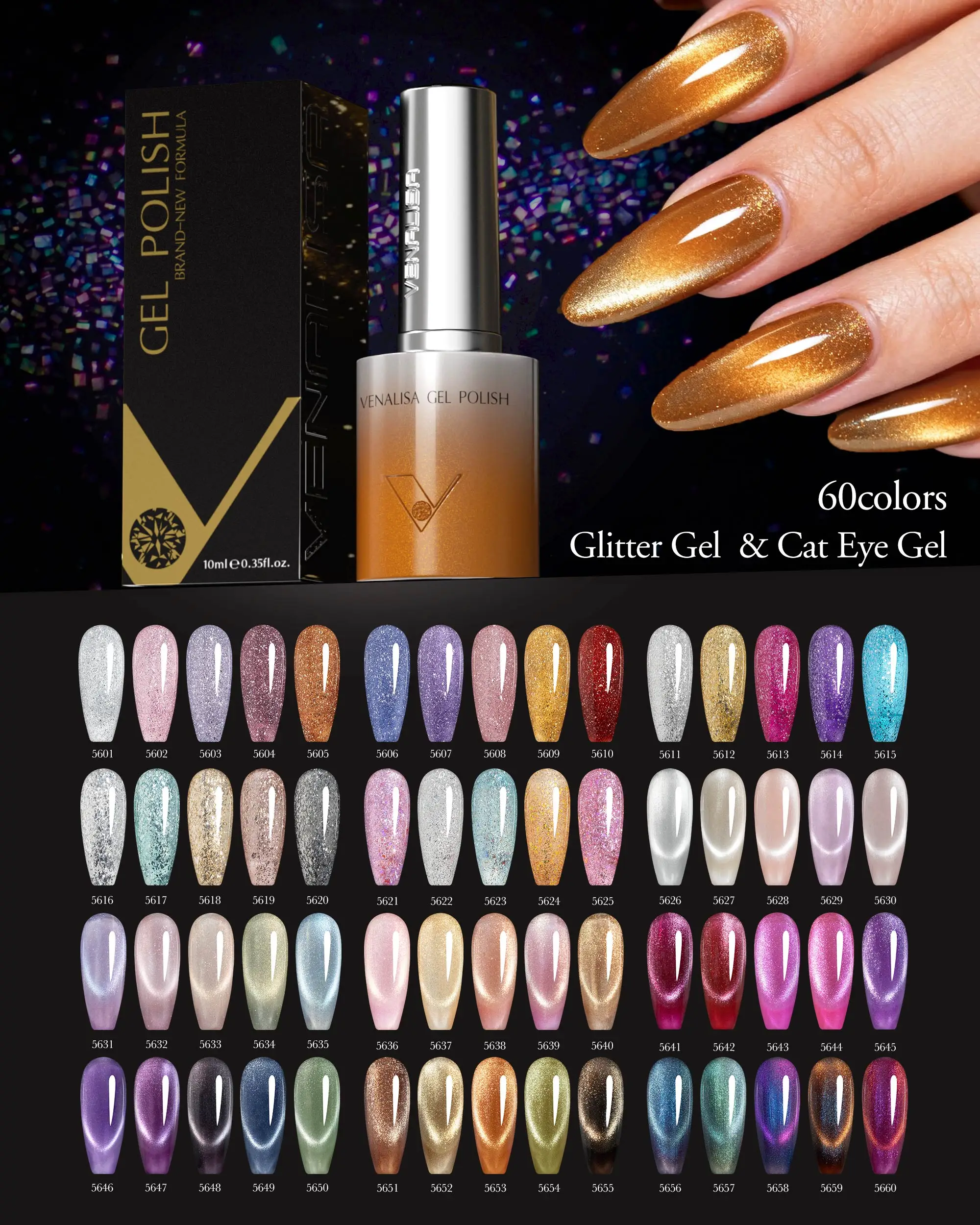 Venalisa 10ml Hema & TPO Free Ultra Cat Eye Effect Nail Gel Polish Soak Off UV LED Long Wear Sparkle Bling Gel Varnish