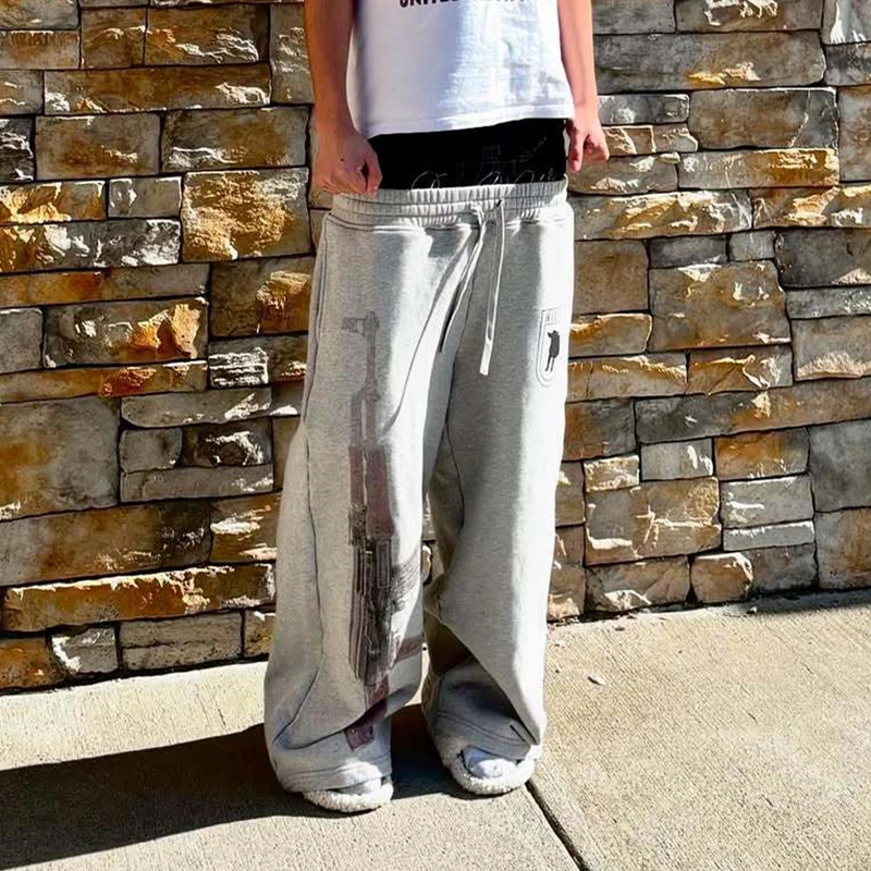 Y2K High-Waisted Printed Embroidered Street Guard Pants Spring Summer Casual Straight Leg Double Waist Design Fashionable