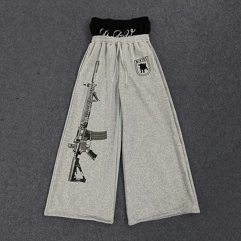 Y2K High-Waisted Printed Embroidered Street Guard Pants Spring Summer Casual Straight Leg Double Waist Design Fashionable