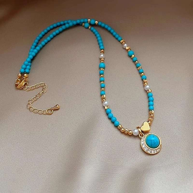 2025 new design fashion jewelry retro natural blue stone zircon pendant necklace elegant women's daily work accessories