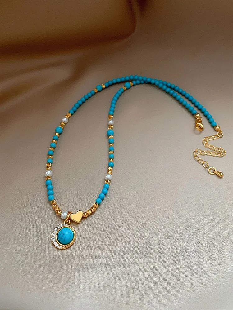 2025 new design fashion jewelry retro natural blue stone zircon pendant necklace elegant women's daily work accessories