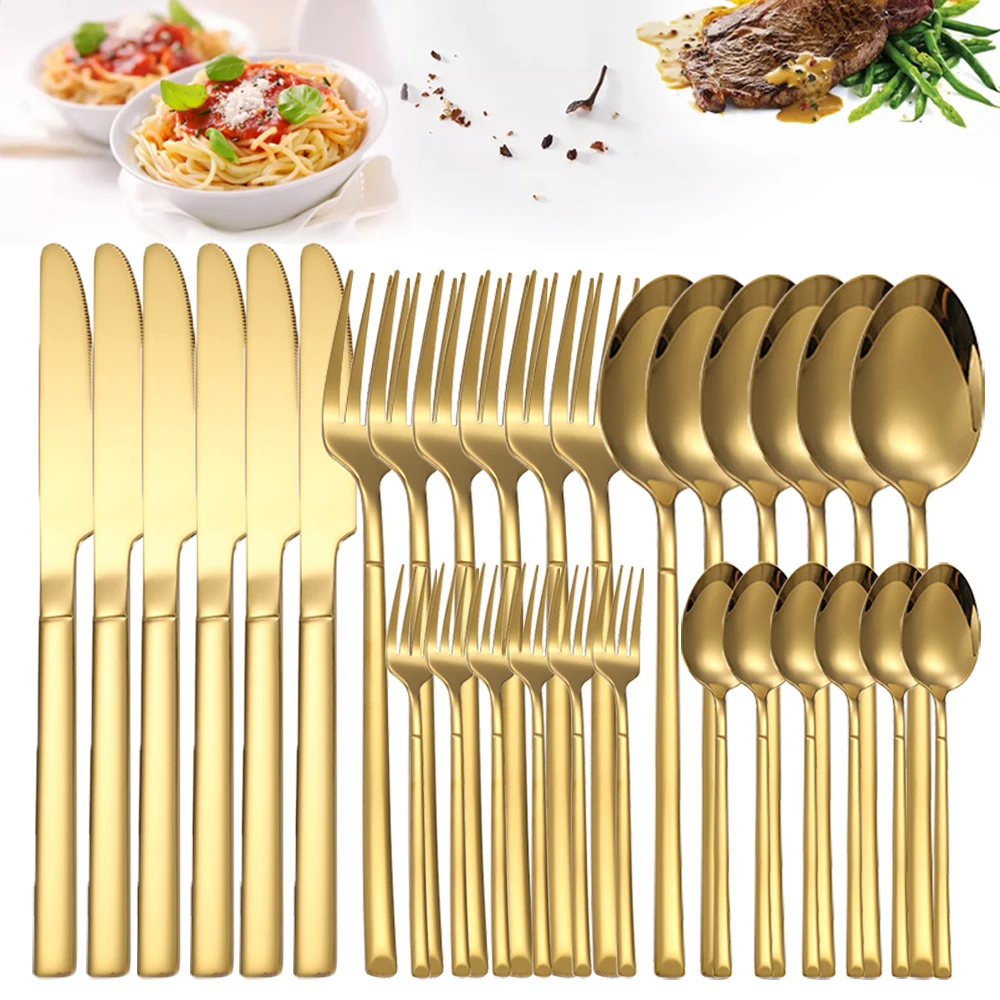 30PCS Gold Tableware Sets Stainless Steel Cutlery Knife Tea Fork Coffee Spoon Flatware Dishwasher Safe Dinner Kitchen Dinnerware