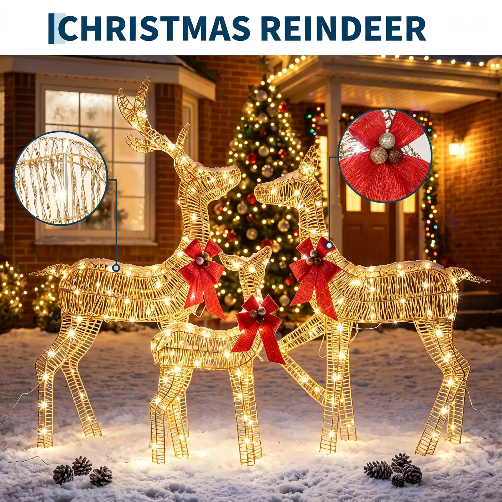 3-Piece Lighted Christmas Reindeer Decoration Set, 360 LED Plug-in Light Up Deer Family Holiday Decor, Indoor Outdoor Christmas Ornaments for Front Yard Porch