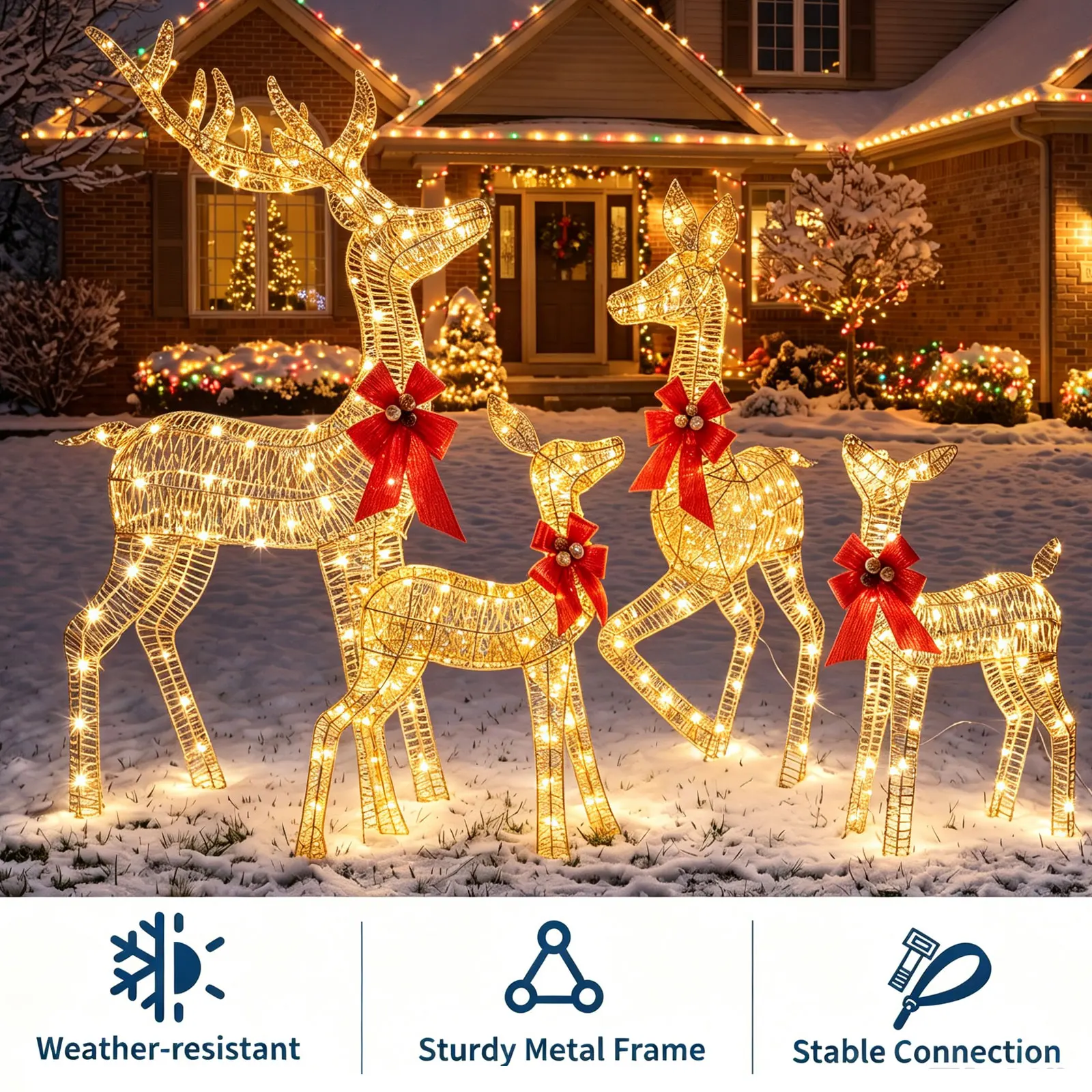3-Piece Lighted Christmas Reindeer Decoration Set, 360 LED Plug-in Light Up Deer Family Holiday Decor, Indoor Outdoor Christmas Ornaments for Front Yard Porch