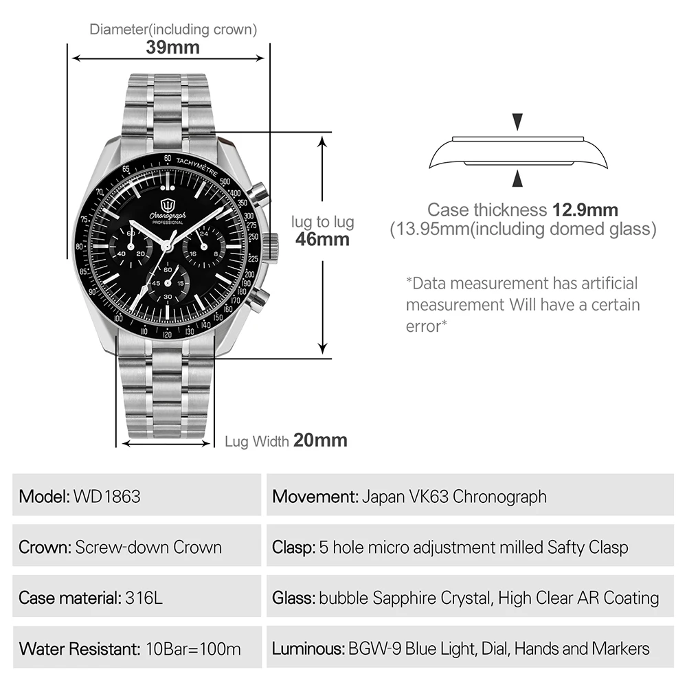Watchdives WD1863 New 39Mm VK63 Mecha-Quartz Chronograph Watch Bubble Sapphire AR Luminous 100M Waterproof Sports Men Wristwatch