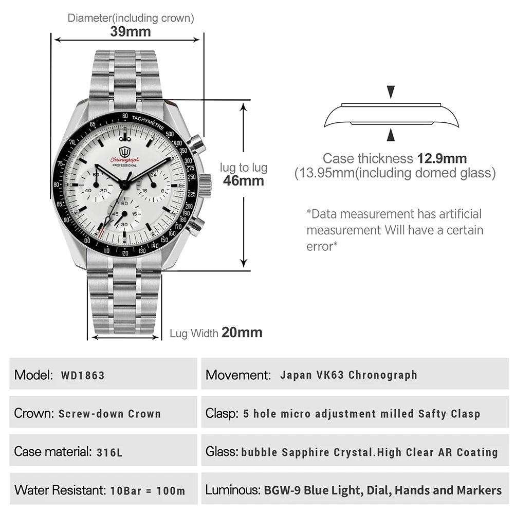 Watchdives WD1863 New 39Mm VK63 Mecha-Quartz Chronograph Watch Bubble Sapphire AR Luminous 100M Waterproof Sports Men Wristwatch