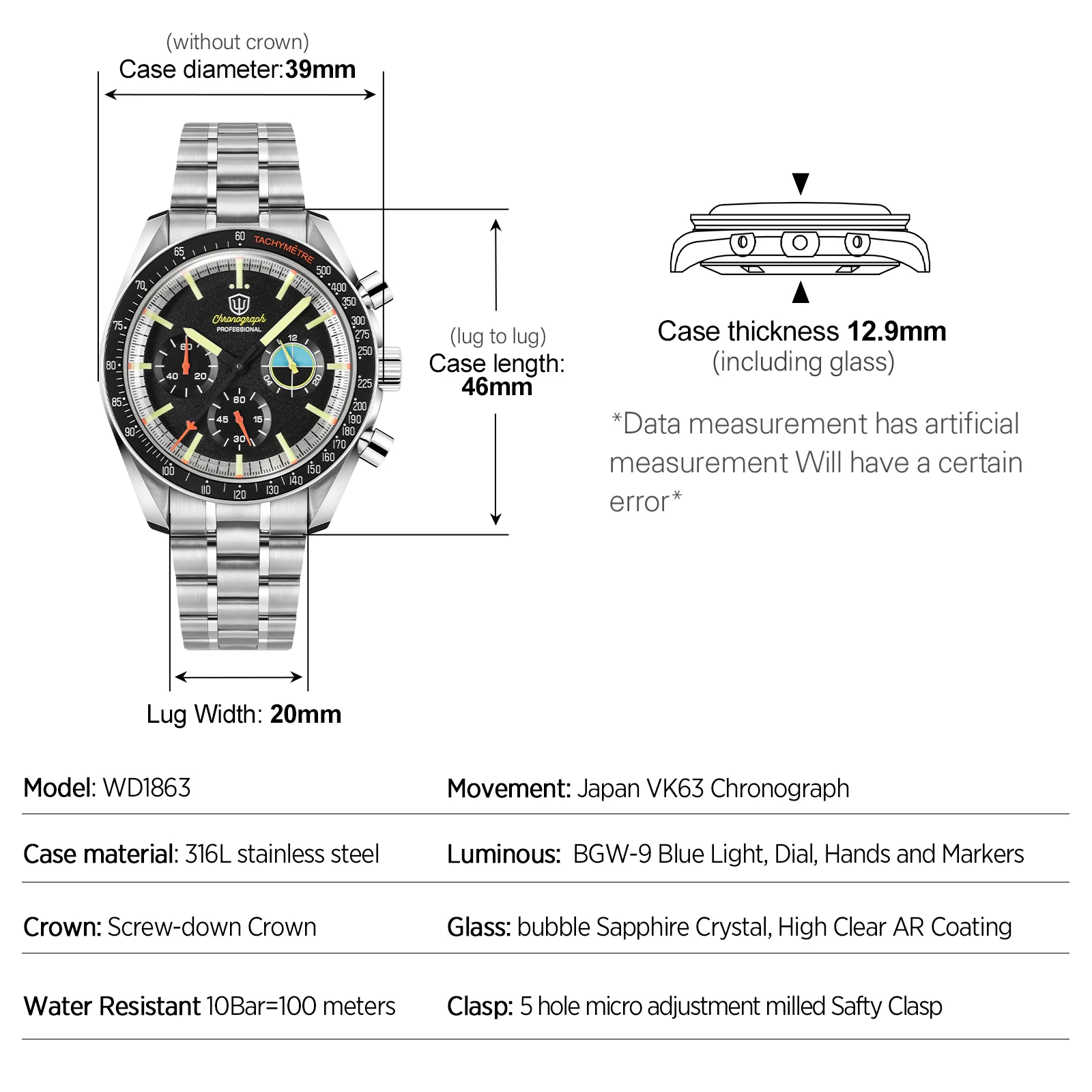 Watchdives WD1863 New 39Mm VK63 Mecha-Quartz Chronograph Watch Bubble Sapphire AR Luminous 100M Waterproof Sports Men Wristwatch