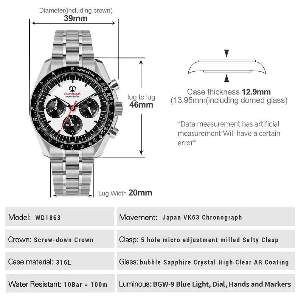 Watchdives WD1863 New 39Mm VK63 Mecha-Quartz Chronograph Watch Bubble Sapphire AR Luminous 100M Waterproof Sports Men Wristwatch